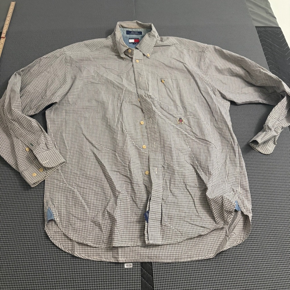 Tommy Hilfiger Mens Large Blue White Micro Check Cotton Button Down Crest Shirt